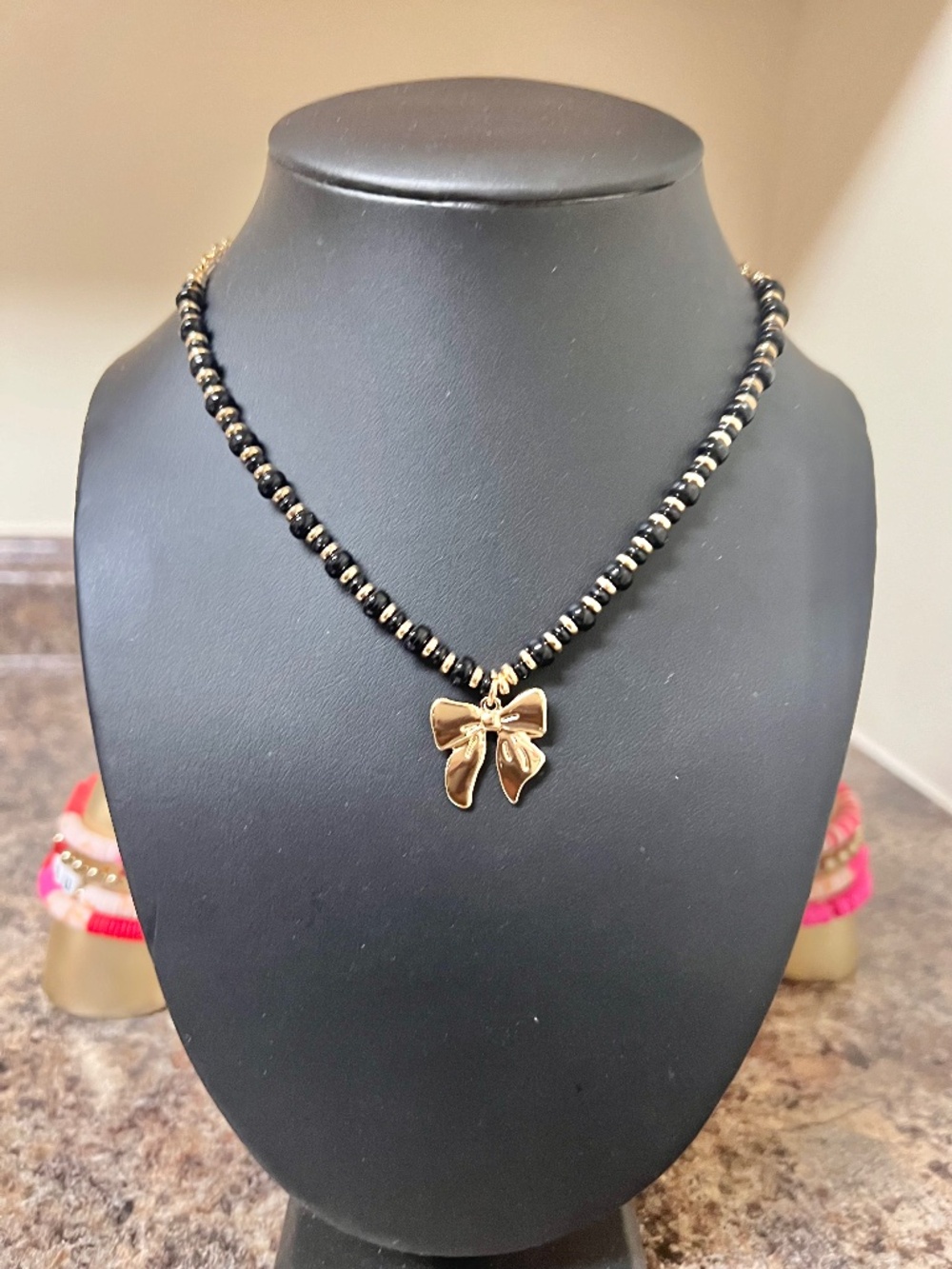 Gold Tone Bow Pendant Bead Necklace NWT